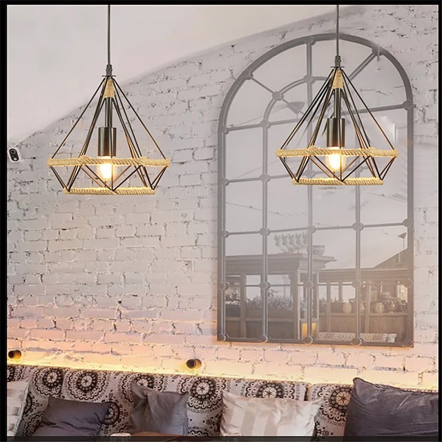 26cm diamante antigo vento industrial luz pendente bar internet café restaurante gaiola de cânhamo corda americana rural ferro cânhamo corda lustre