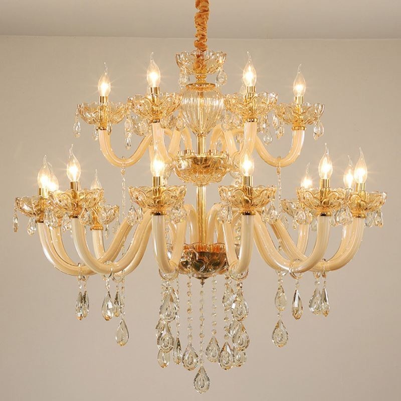 Lustre de cristal elegante europeu cor conhaque luz de teto corpo de vidro dupla camada 12 + 6 luzes