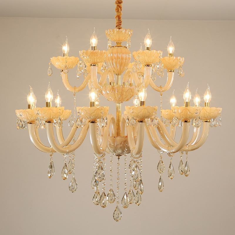 Lustre de cristal luxuoso europeu cor conhaque lâmpada do teto corpo de vidro camada dupla 12 + 6 luzes