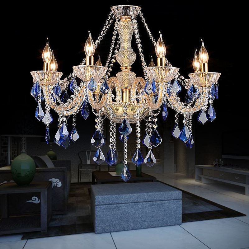 Lustre de cristal europeu pingente de luxo luz azul