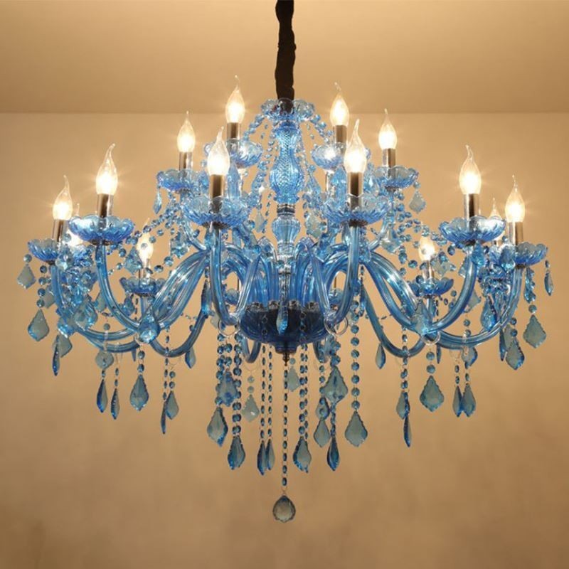 Grande Lustre de Cristal Europeu Pingente Luz Azul Cor Estética