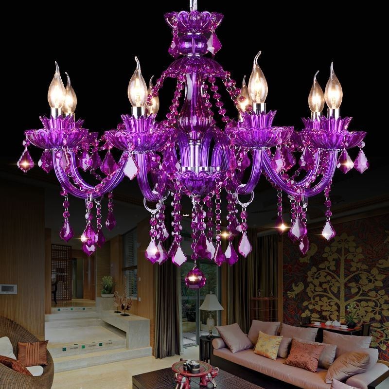 Elegante lustre europeu de luz de teto de cristal roxo