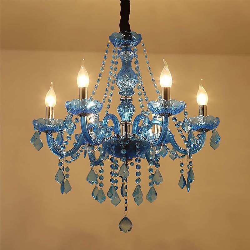 Lustre de cristal azul estilo europeu com luz pendente exclusiva