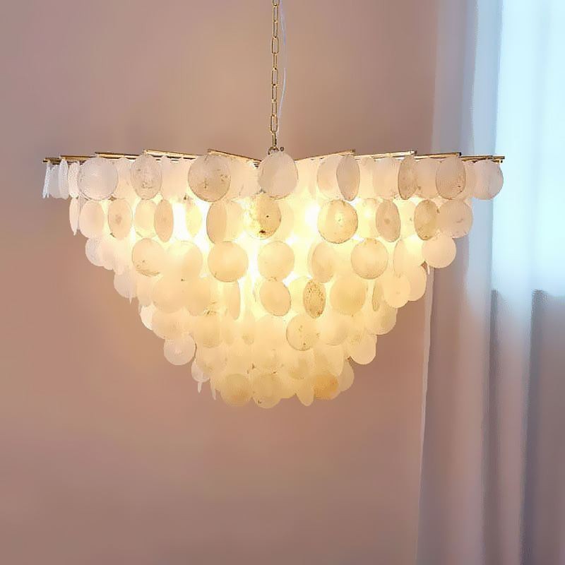 Lustre de concha natural redondo em camadas suspensas com luz para jantar