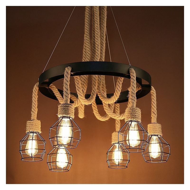 Estilo retro 6 cabeças pingente luz candelabro de corda de cânhamo com abajur de ferro